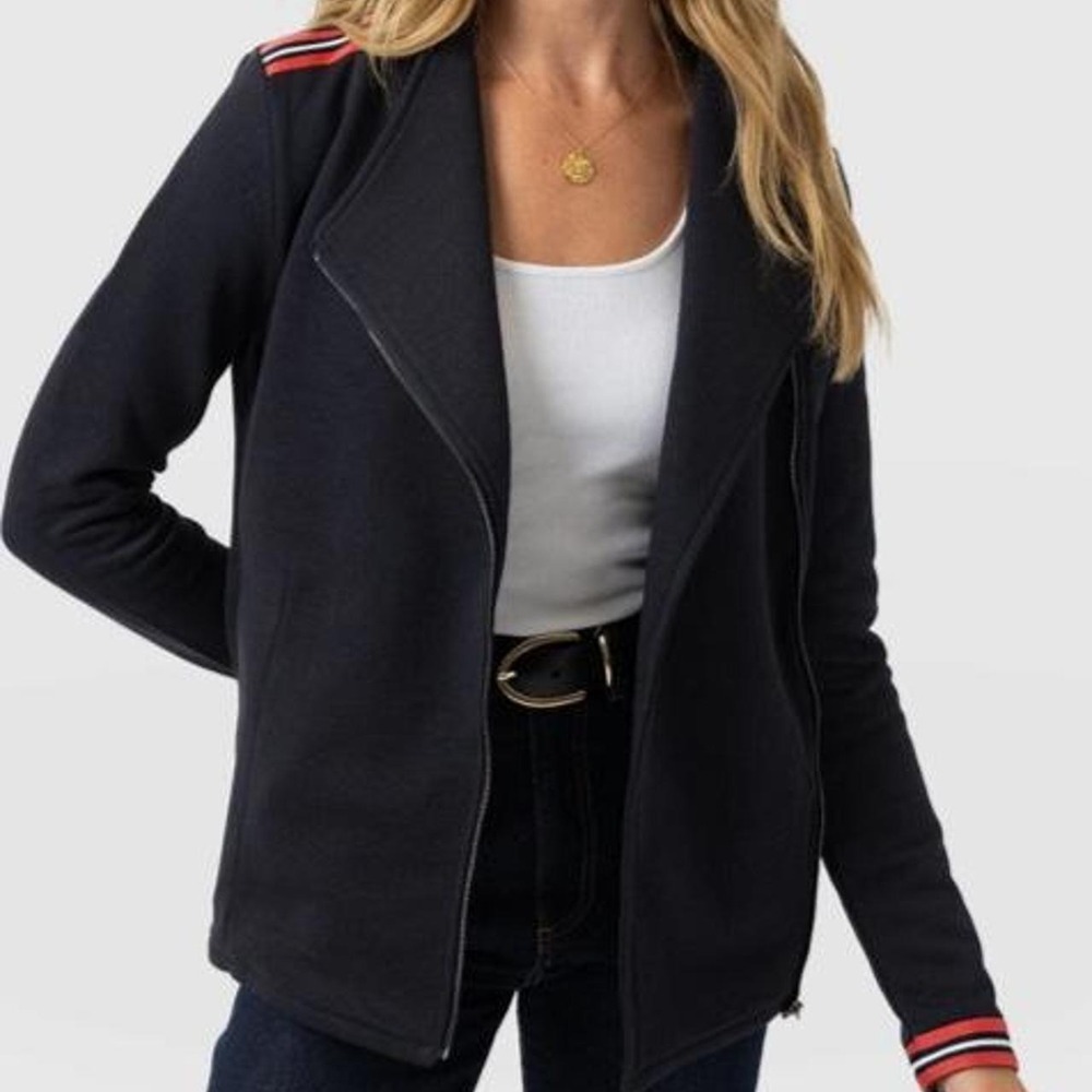 Saint + Sofia Cotton Biker Jacket Navy Stripe Asymmetrical Zip Size 12
